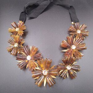 Vintage J Crew Faux Tortoiseshell Flower Rhinestone Necklace
